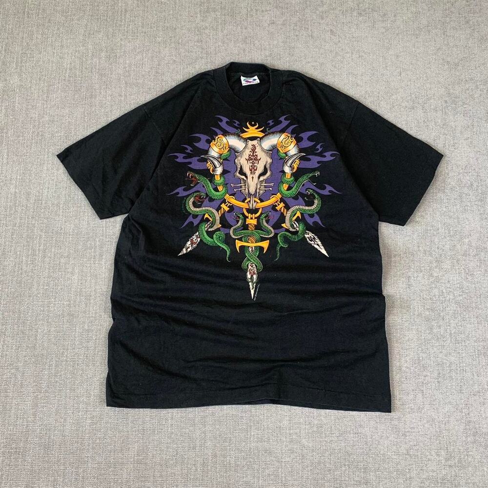 Vintage 90s Liquid Blue Skull and snake flames T-Shirt